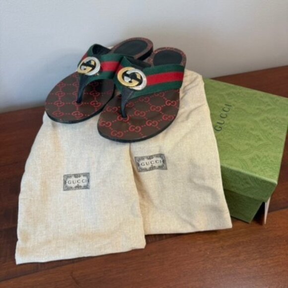 Gucci Kika Web GG Thong Sandals Red Green Stripe Logo EU 37 US 7 - Picture 7 of 7